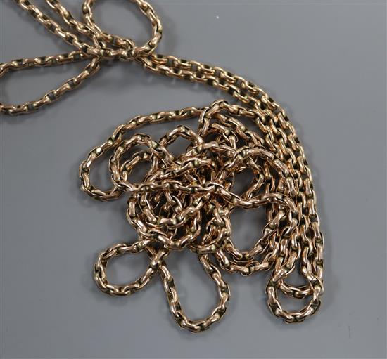 An Edwardian 9ct guard chain, 144cm.